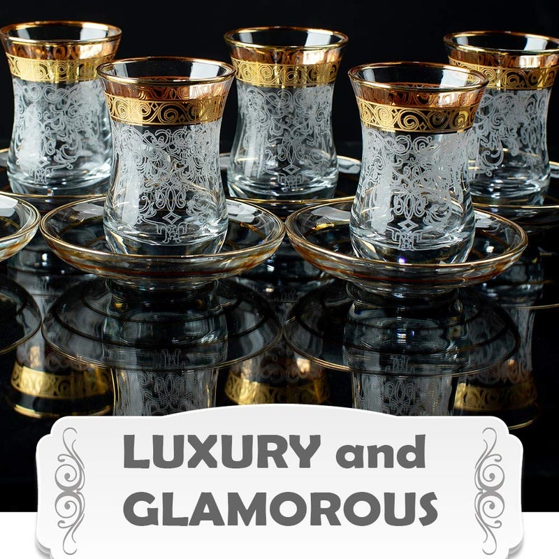 Vissmarta Vintage Turkish Tea Glasses Cups Saucers Set of 6 for Women Glassware Drinking Party Arabic Style Teacups Moroccan Persian Coffee Adults Fancy Decorative Tray Gold Drinkware - Image 2
